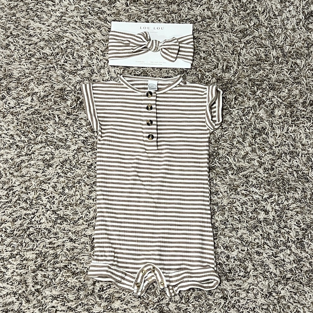 Lou Lou & Co - Brown & White Stripe Romper with Matching Headband - Sz 12-24